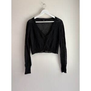 LINE Womens Cropped V-Neck Cardigan M Black Sheer Lightweight Knit Button Front